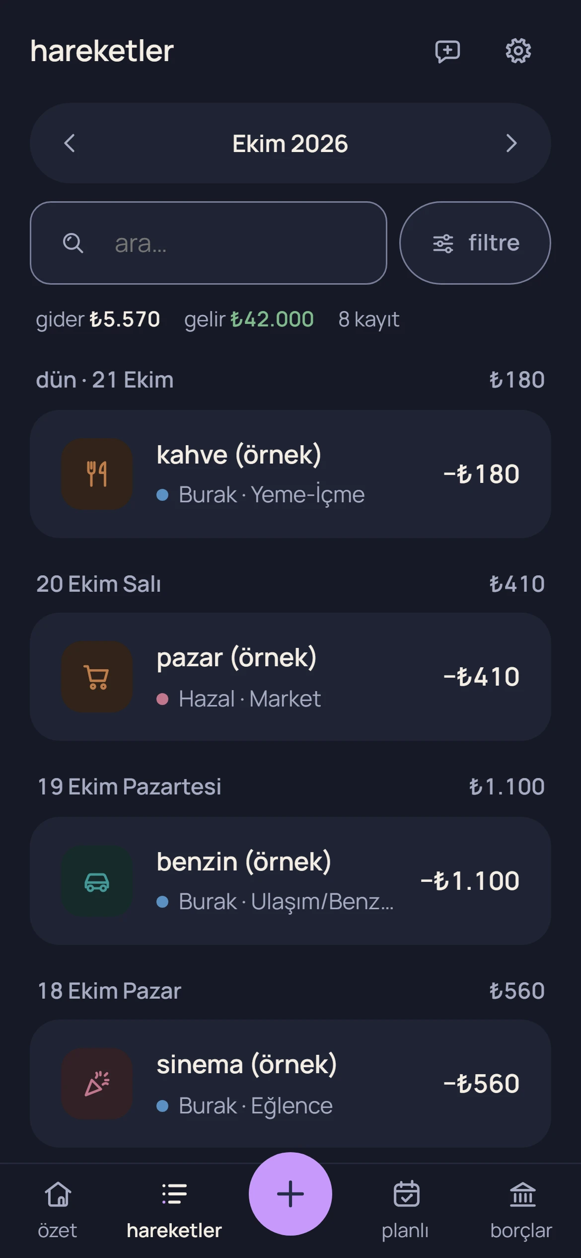 finanSr. transactions screen with sample entries grouped by day, each with a category icon and amount.