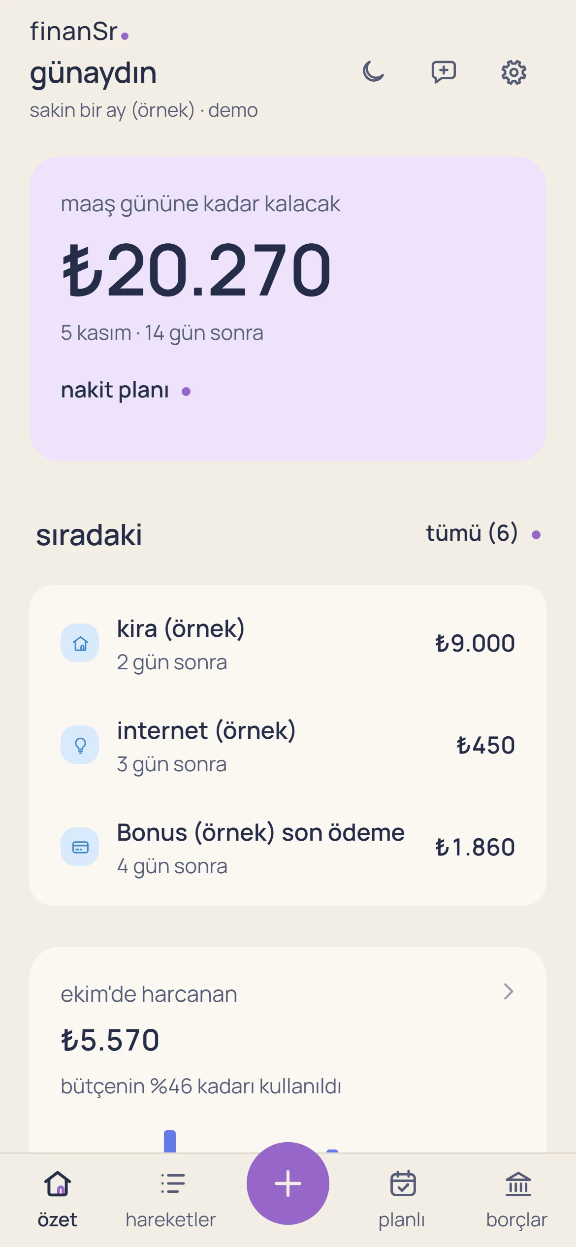 finanSr. summary screen with sample data: ₺20.270 left until payday, upcoming payments and this month's spending.