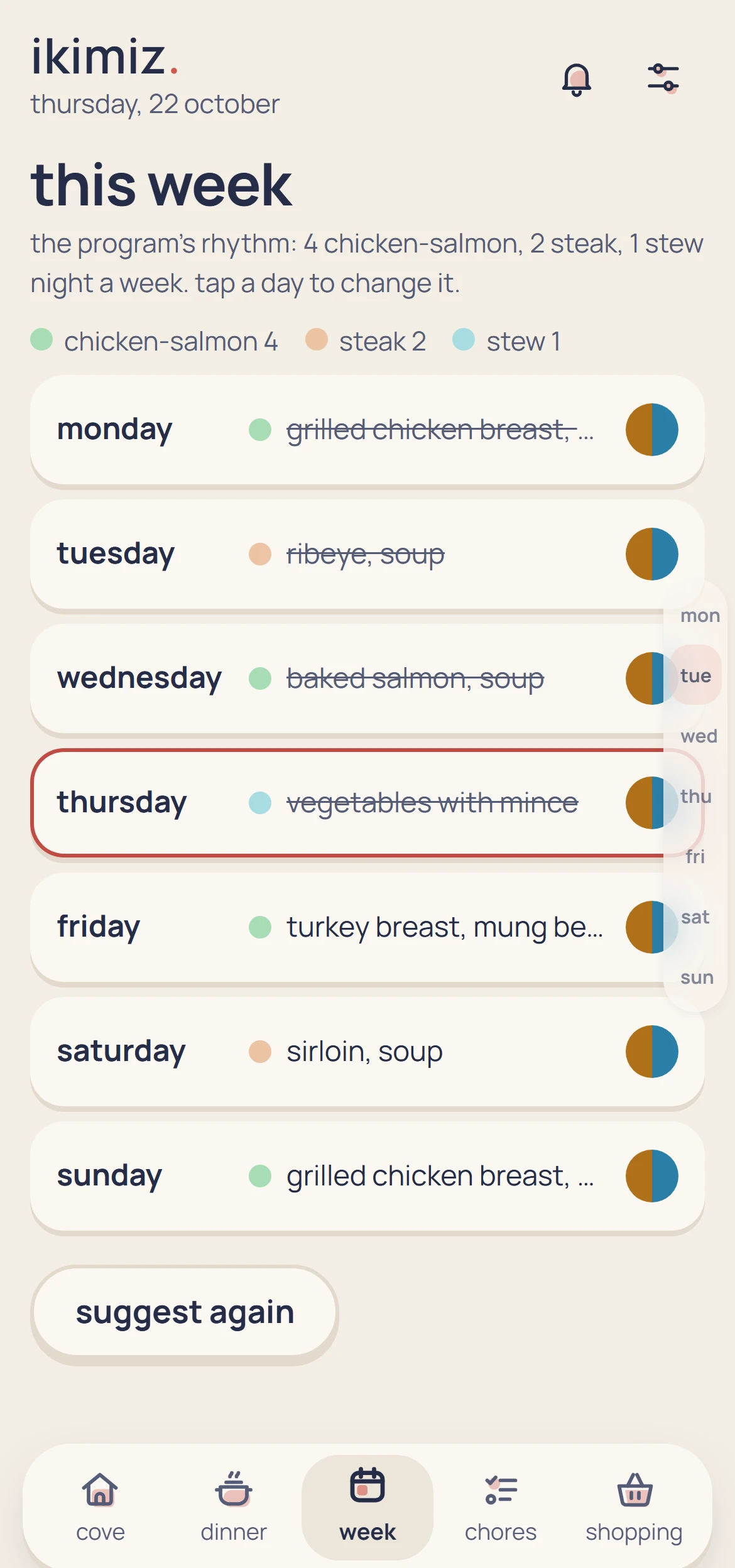 ikimiz's week with sample data: a dinner for each day, colour-coded by type, cooked up to today.