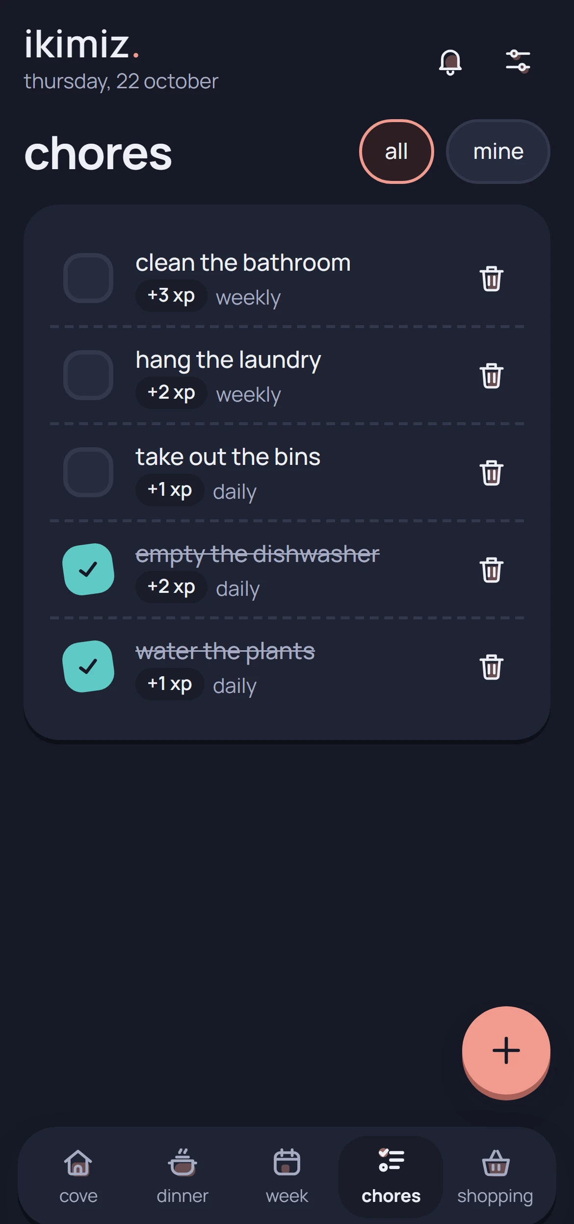 ikimiz's chores with sample data: five shared chores with their xp, two of them done today.