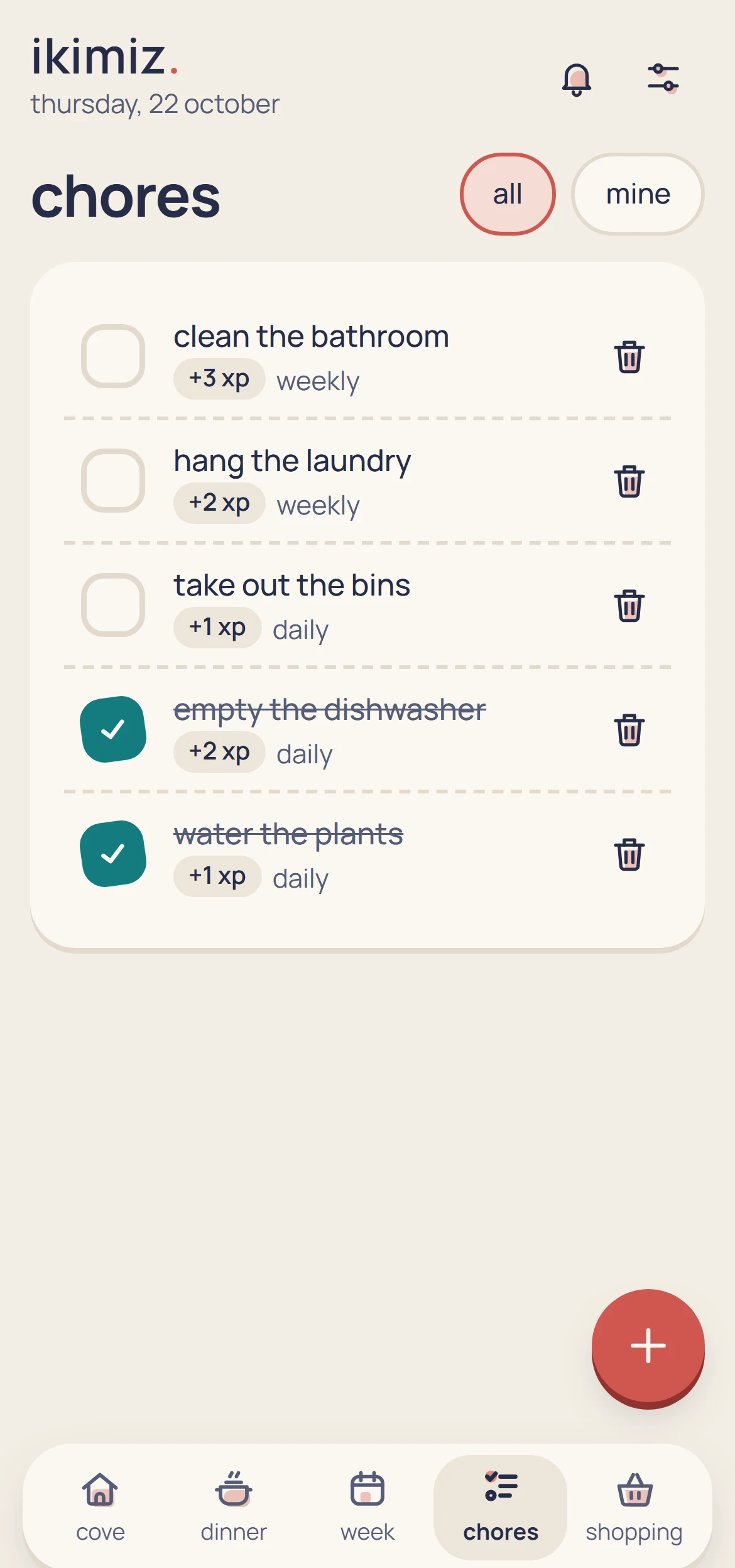 ikimiz's chores with sample data: five shared chores with their xp, two of them done today.