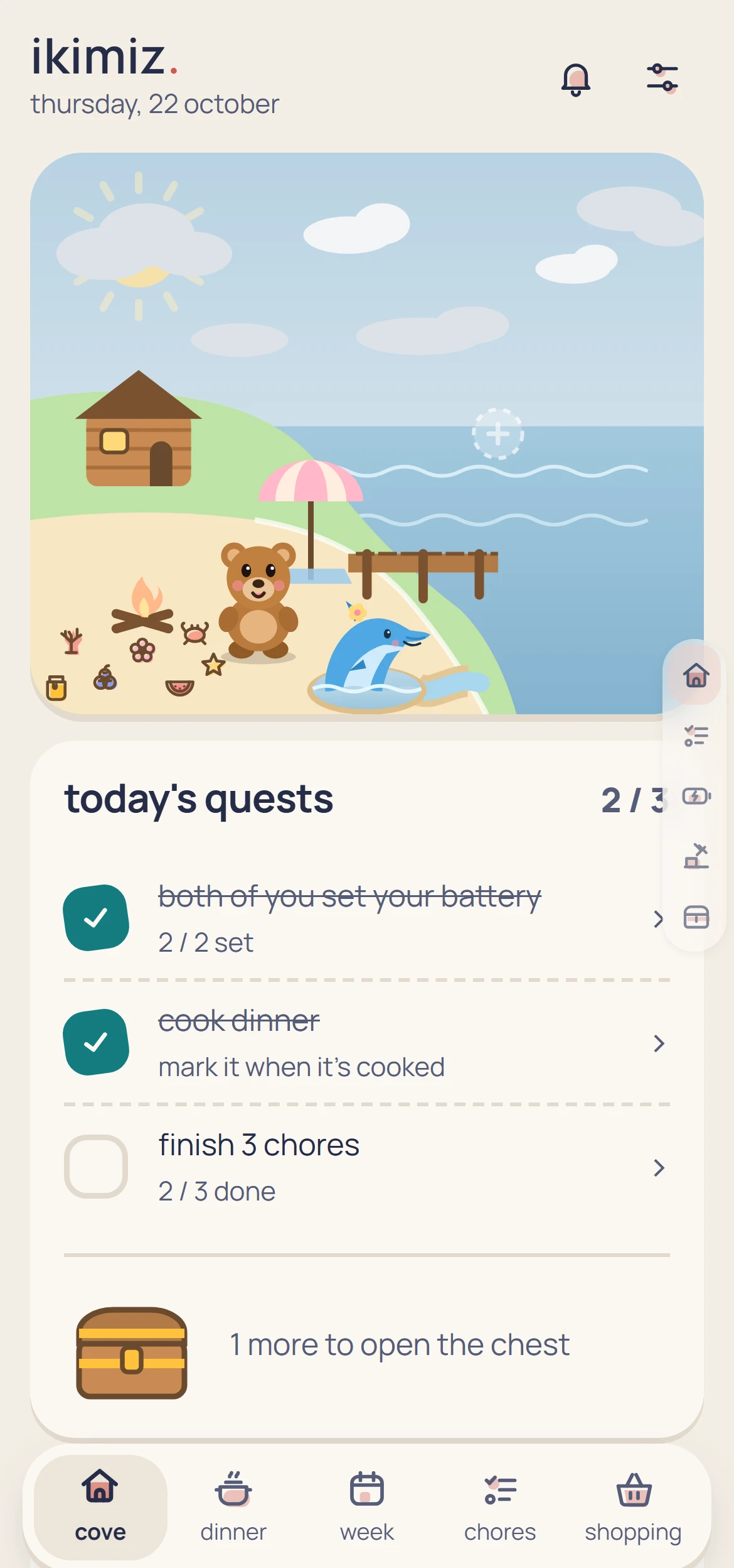 ikimiz's cove with sample data: a cabin, beach umbrella, campfire and dock built, chest finds on the sand, a bear and a dolphin, and today's quests two-thirds done.