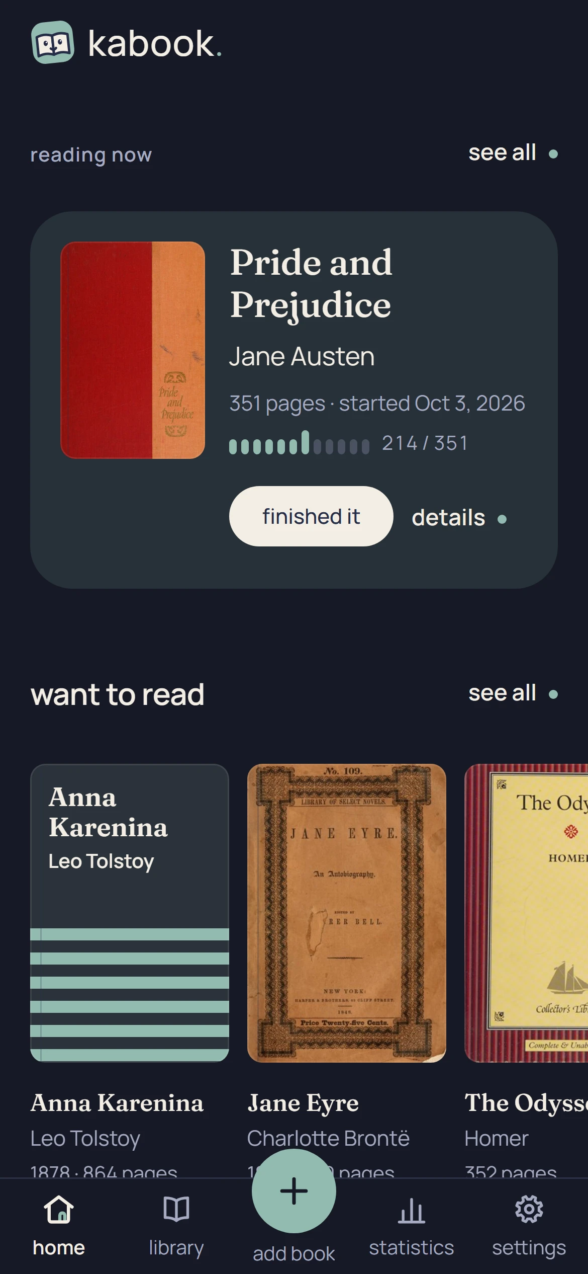kabook's home with a sample library: the book being read now with its page progress, and the want-to-read shelf below.