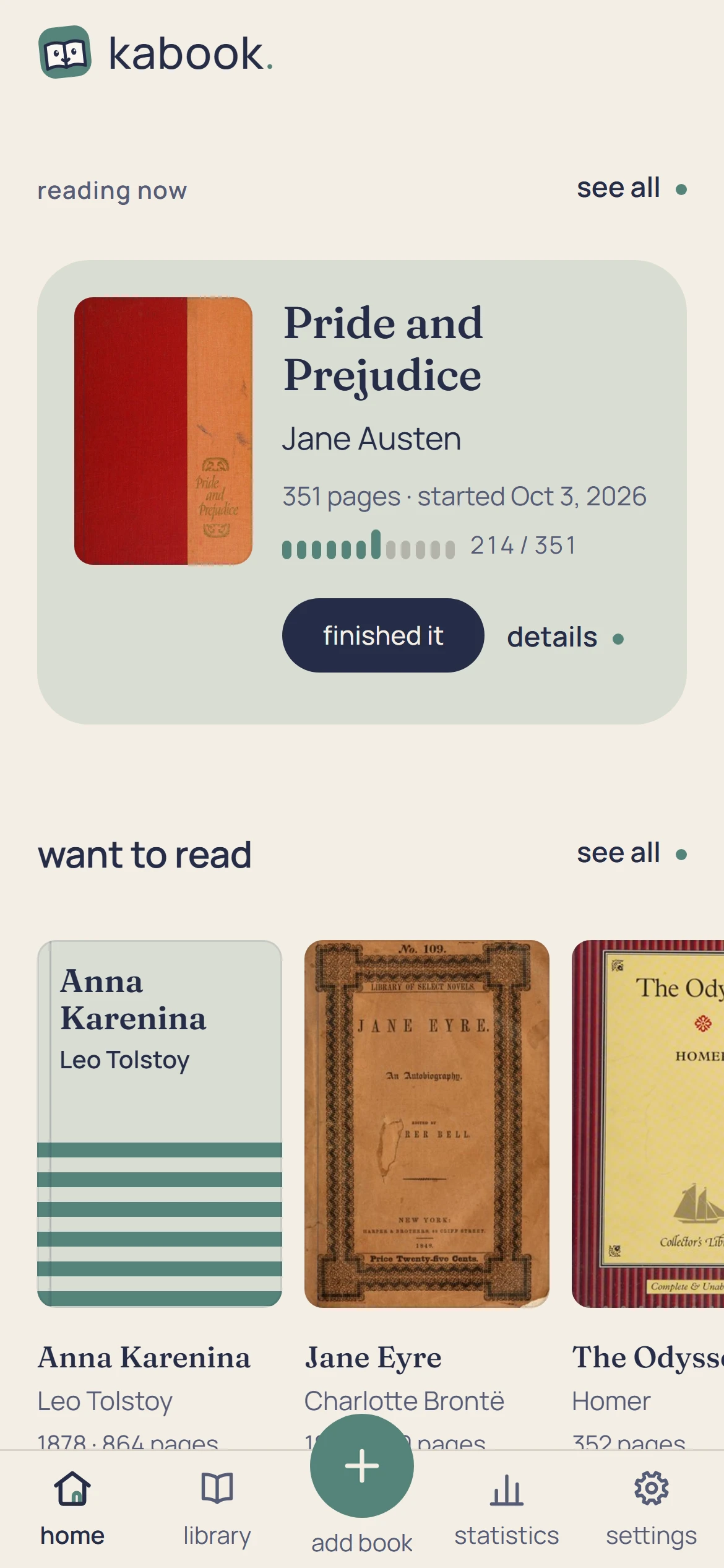 kabook's home with a sample library: the book being read now with its page progress, and the want-to-read shelf below.