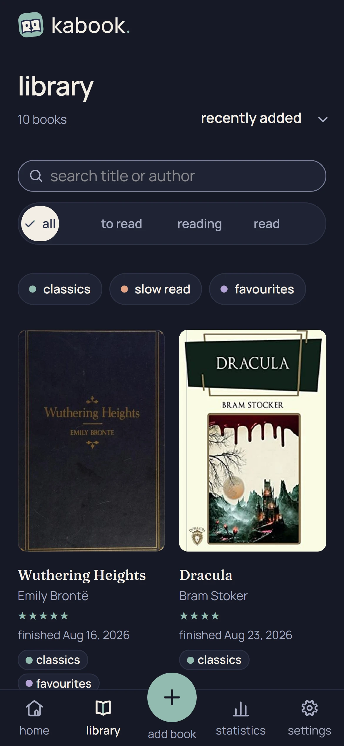 kabook's library with a sample of ten classics: filters by shelf and tag, and finished books with their covers, stars and tags.