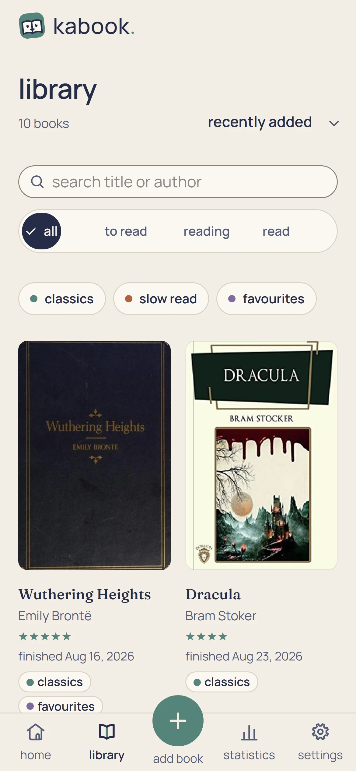 kabook's library with a sample of ten classics: filters by shelf and tag, and finished books with their covers, stars and tags.